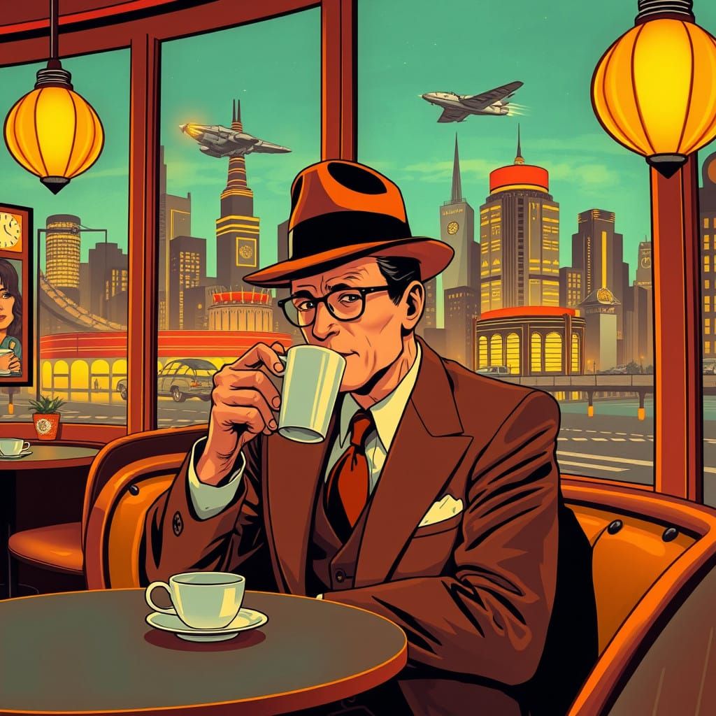 Retrofuturistic Cafe Patrons Bask in Nostalgic Glow