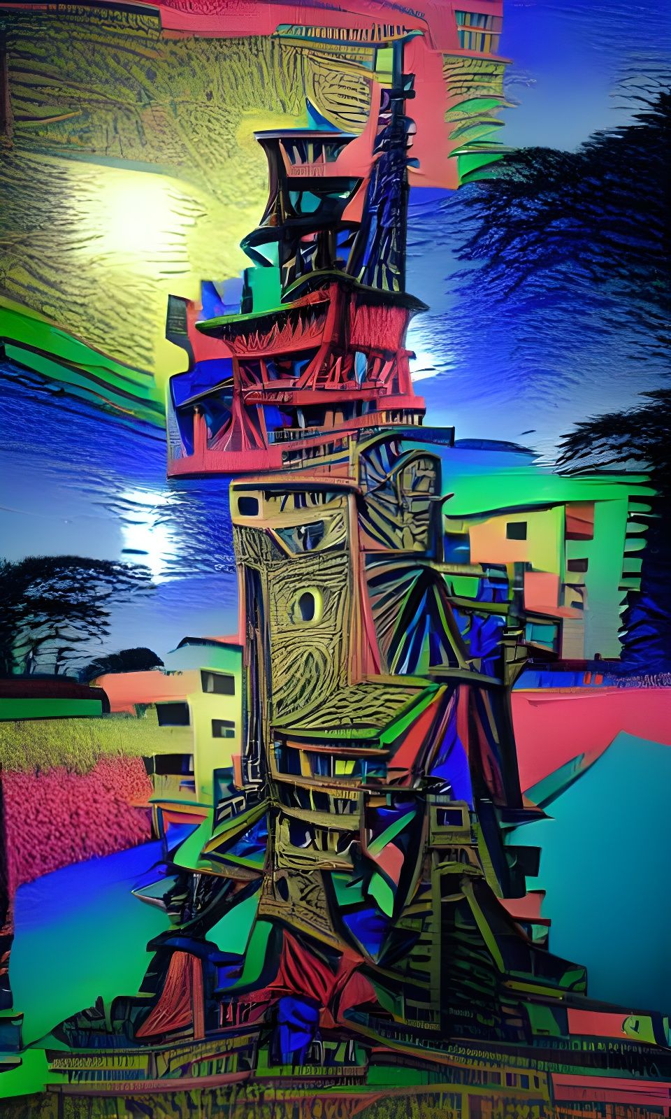 Night Tower in Colorful Woodcut Style