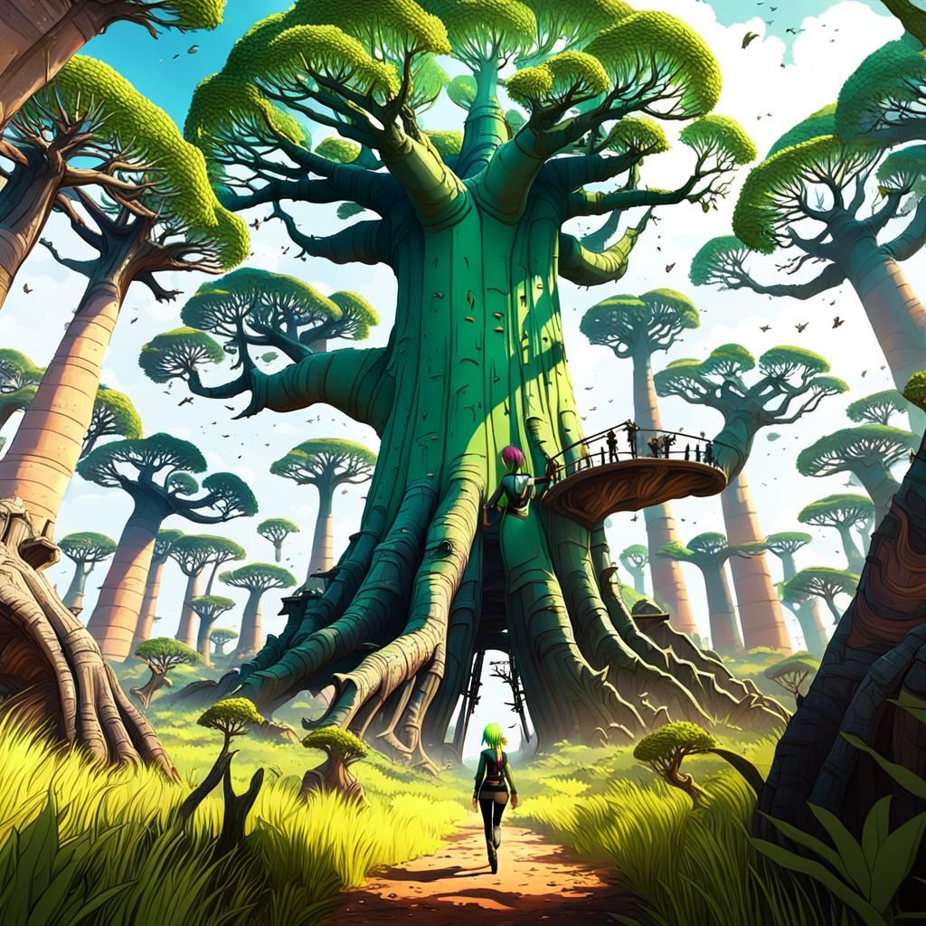 Anime Girl Hiking in Madagascar Baobab Forest