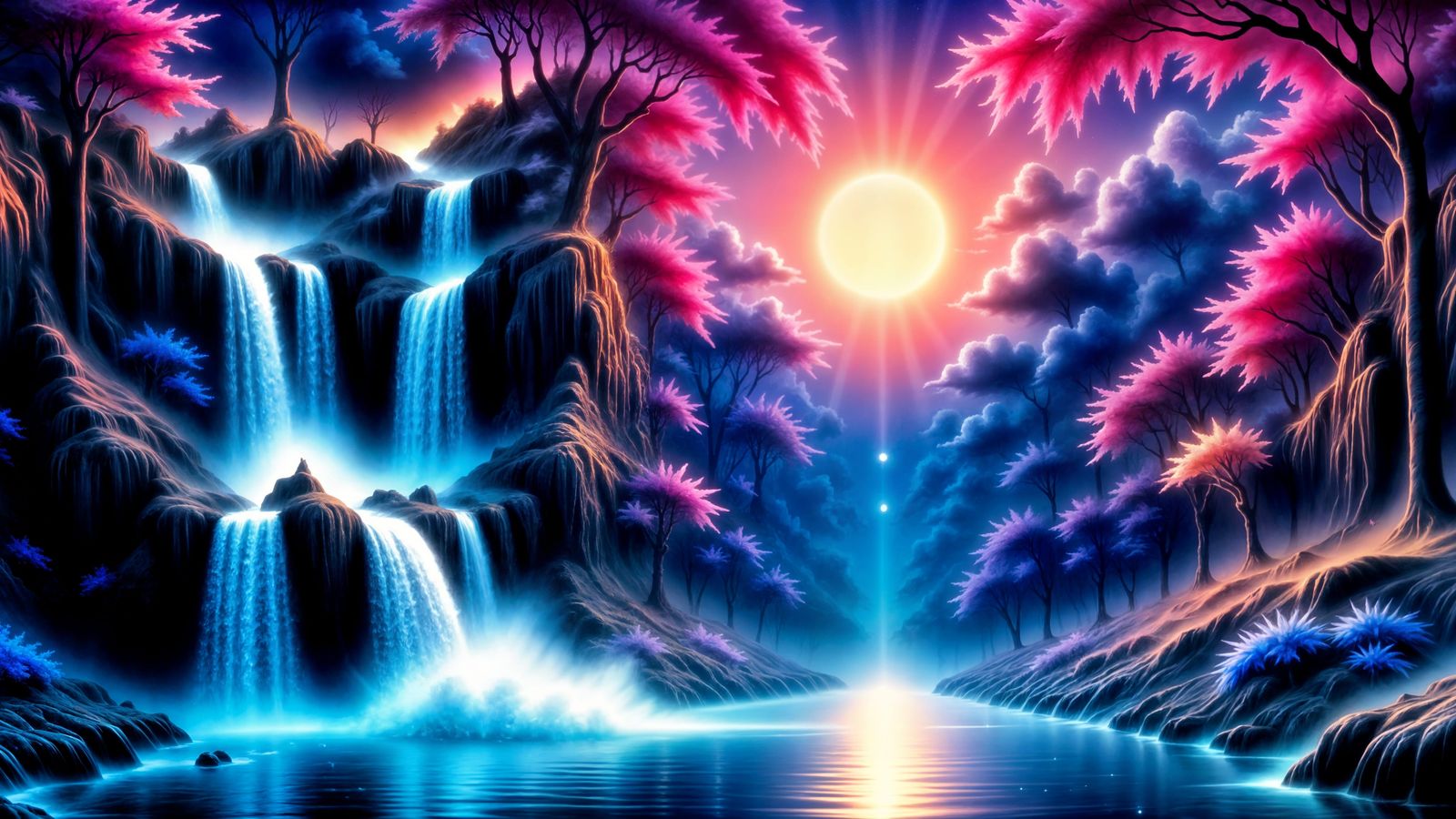 Fantasy Waterfall at Twilight in Victorian Style