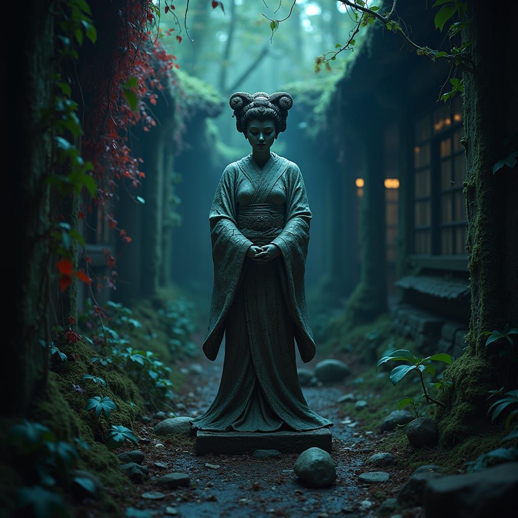 Ancient Geisha Statue Unearthed in Neon Jungle Temple