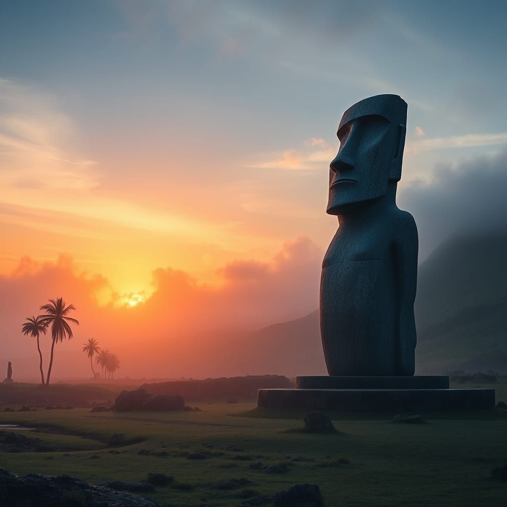 Ethereal Moai Statue on Easter Island at Sunset