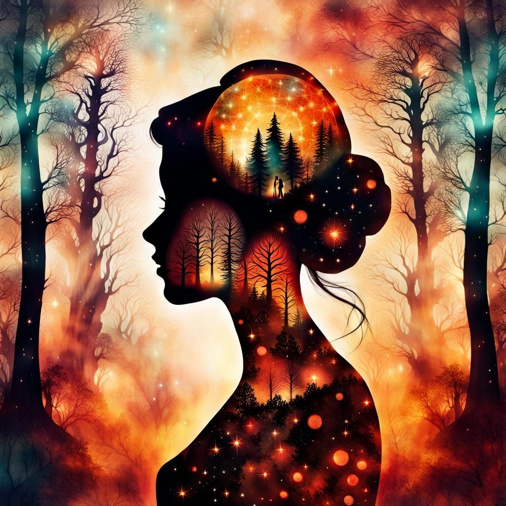 Burning Forest Double Exposure Featuring Victorian Woman
