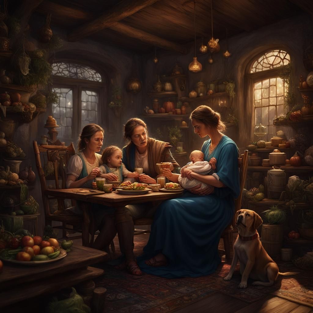 Family Meal: Mother Breastfeeding in Matte Painting Style