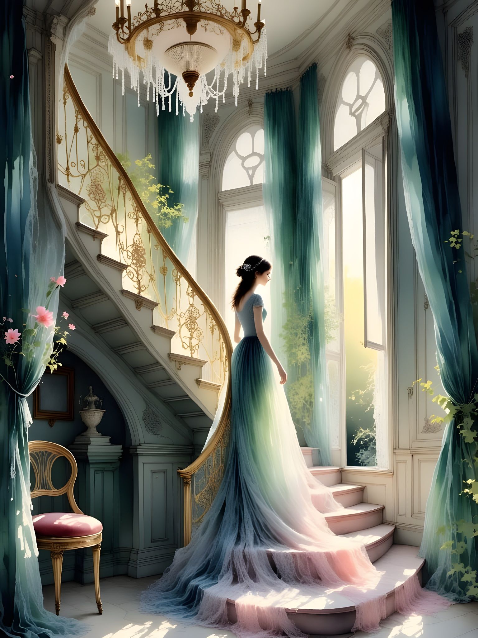 Surreal Ascent in Ethereal Gown