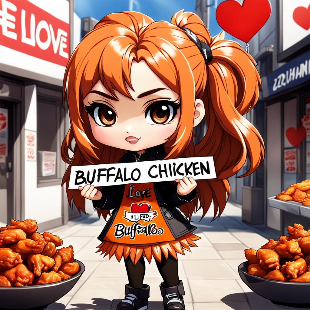 Bratz Chibi Girl with Buffalo Chicken Sign in Anime Style