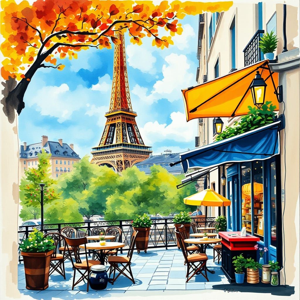 Elegant Parisian Cafe with Eiffel Tower View in Vibrant Impr...