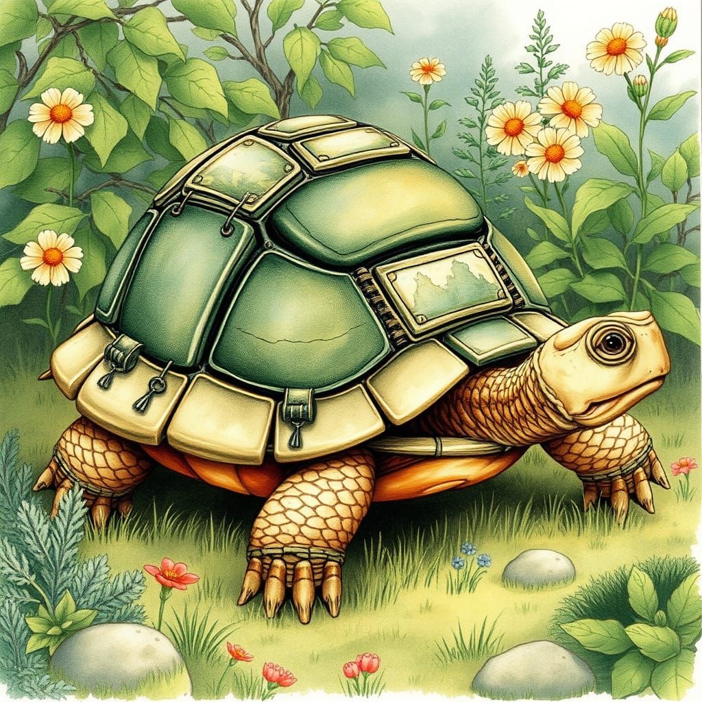 Wise Tortoise with Book Shell in Lush Garden