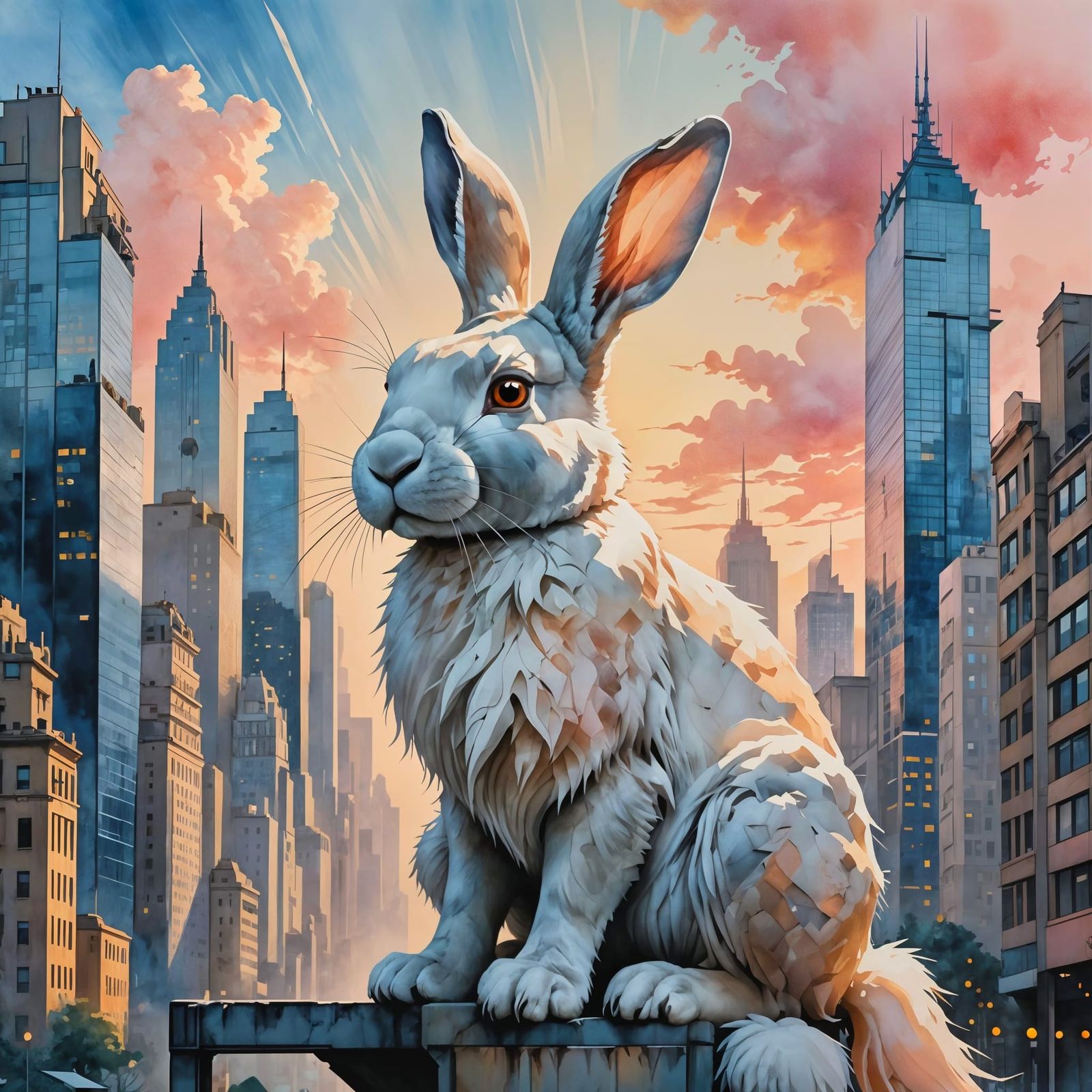 Colossal Rabbit Guardian in Modern Cityscape