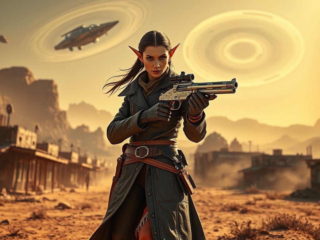Elven Gunslinger in Sci-Fi Space Western Town