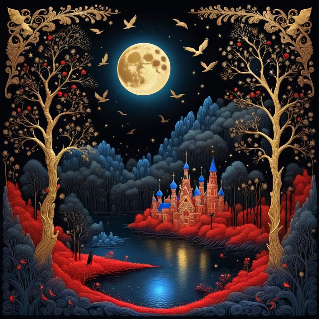 Crystal Moon Over Night Forest in Palekh Style
