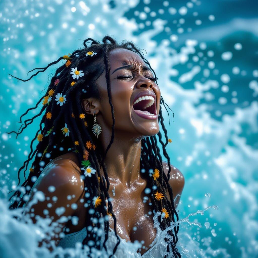 Powerful Woman Screaming Against Crashing Wave