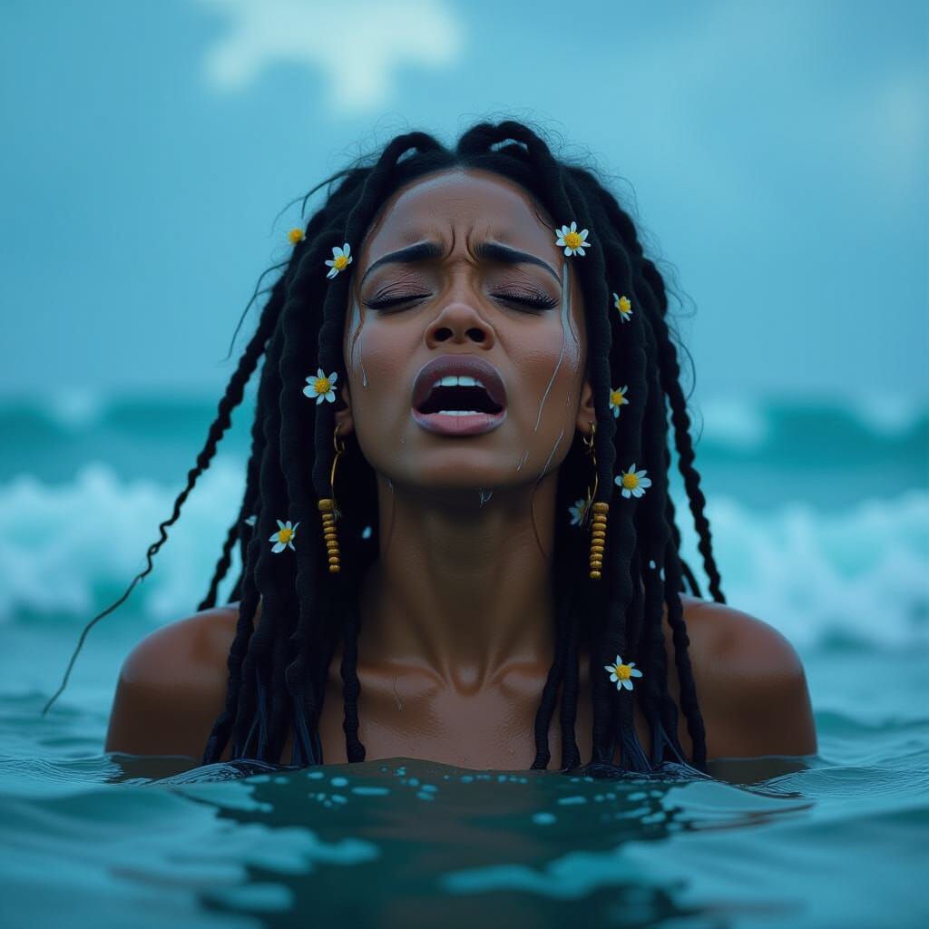 Anguished Woman with Locs in Mythical Ocean Scene