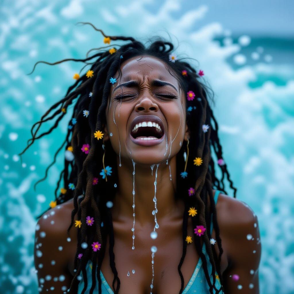 Black Woman Screaming Against Crashing Waves, Dramatic Portr...