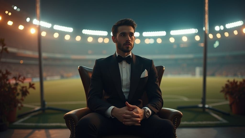 Elegant Man in Podcast Studio with Stadium View