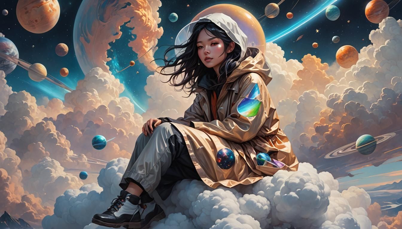 Woman on Cloud with Planets: Cosmic Art