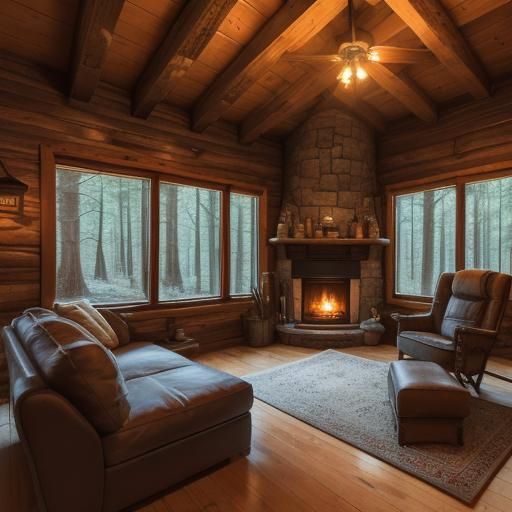 Cozy Cabin Scene with Harmonica Player