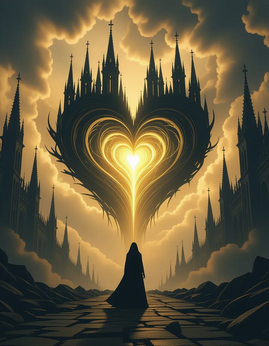 Lone Figure in Gothic Heart Vortex with Hopeful Light