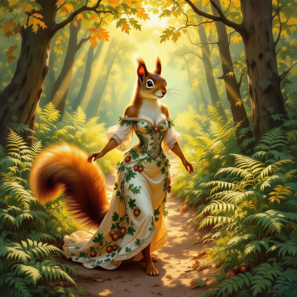 Art Nouveau Squirrel Heroine in Enchanted Forest