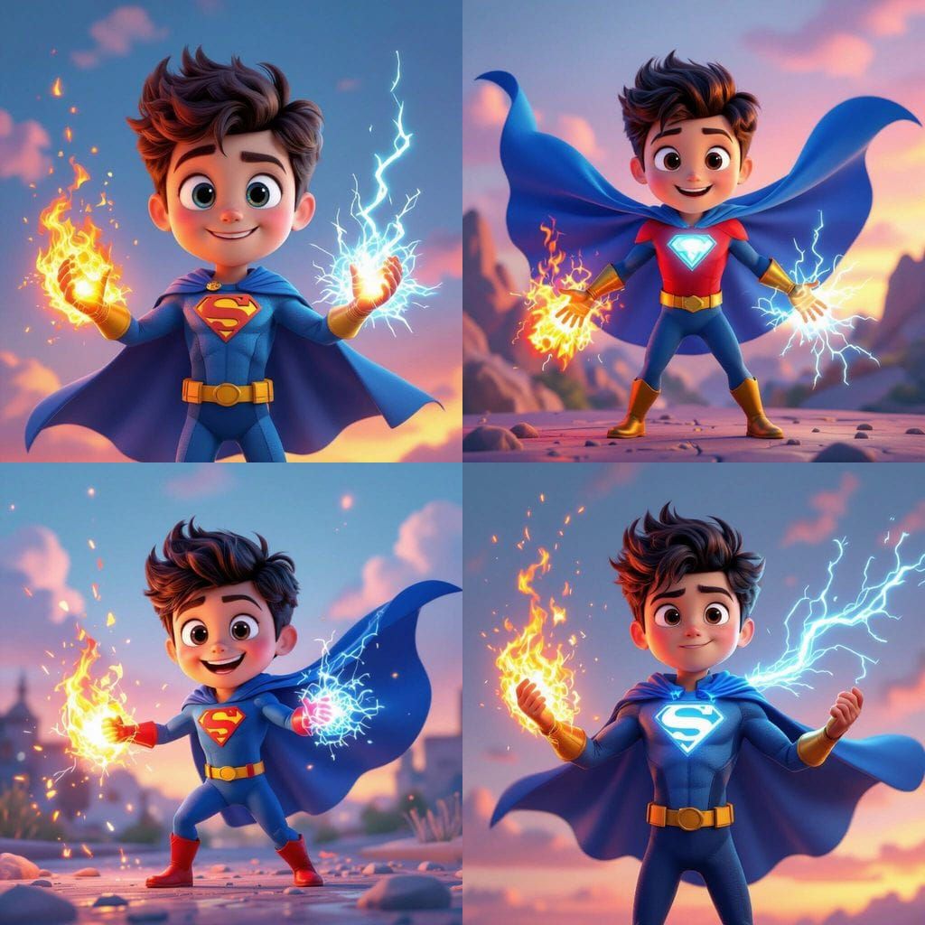 Young Superhero Activating Elements in Pixar 3D Style