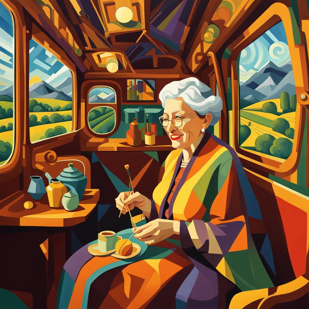 Knitting Old Lady in Steam Train, Van Gogh Style