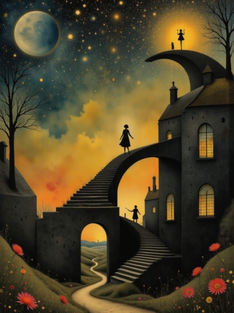 Winding Road to Heaven: Surreal Stairway in Gilded Sunset