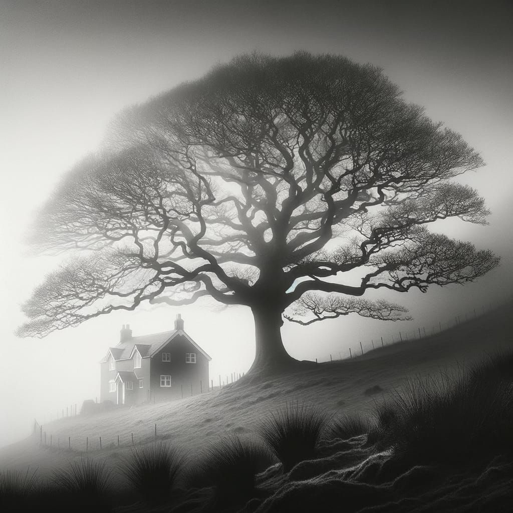 Gnarled Oak Tree Stands Vigilant on Fog-Shrouded Hillside