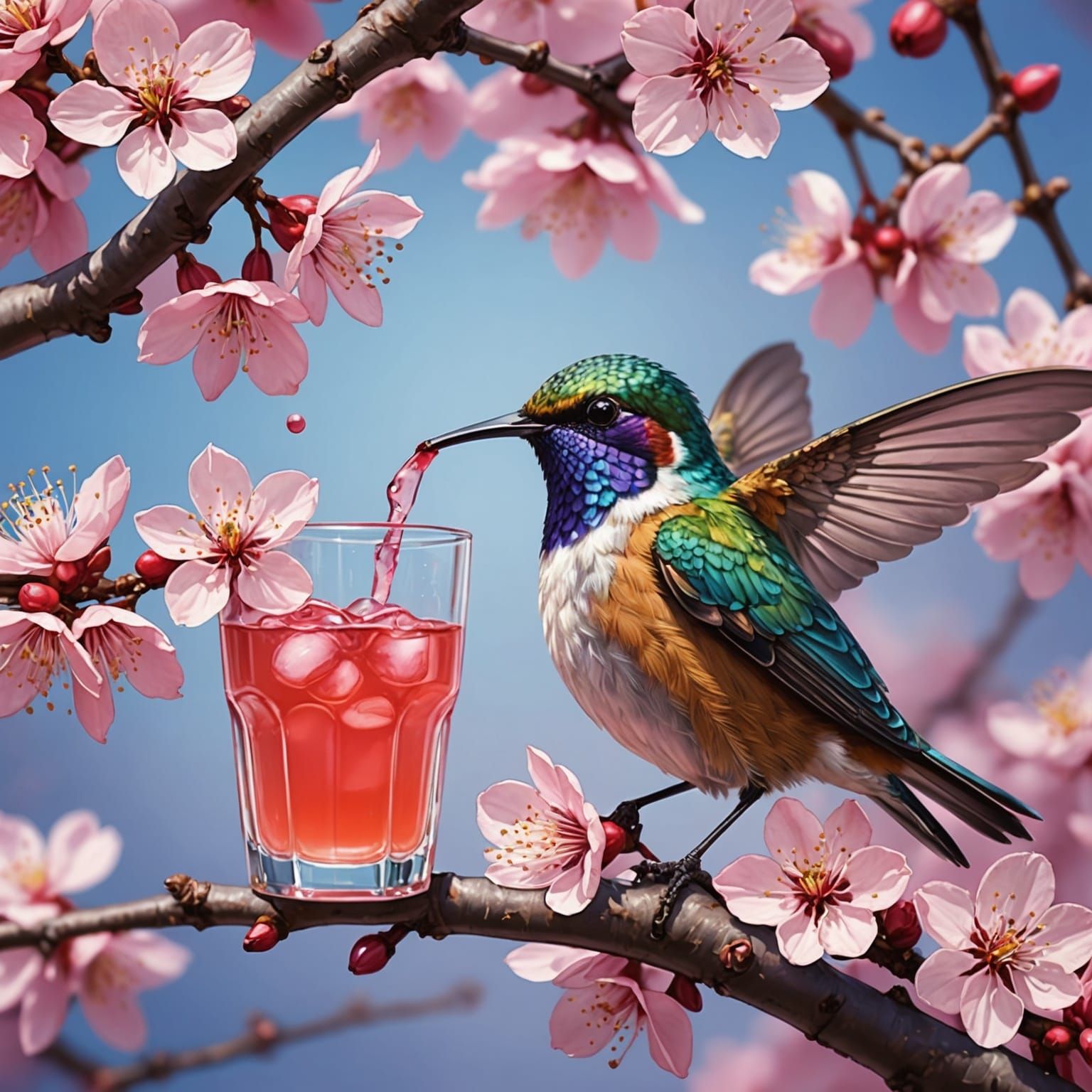 Giant Pink Cherry Blossoms with Hummingbird