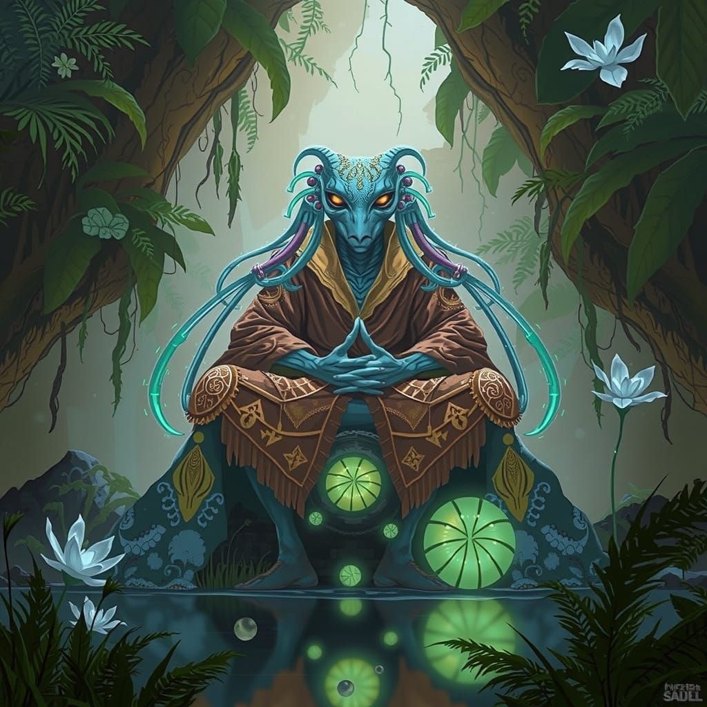 Bioluminescent Alien Meditating in Jungle Grotto