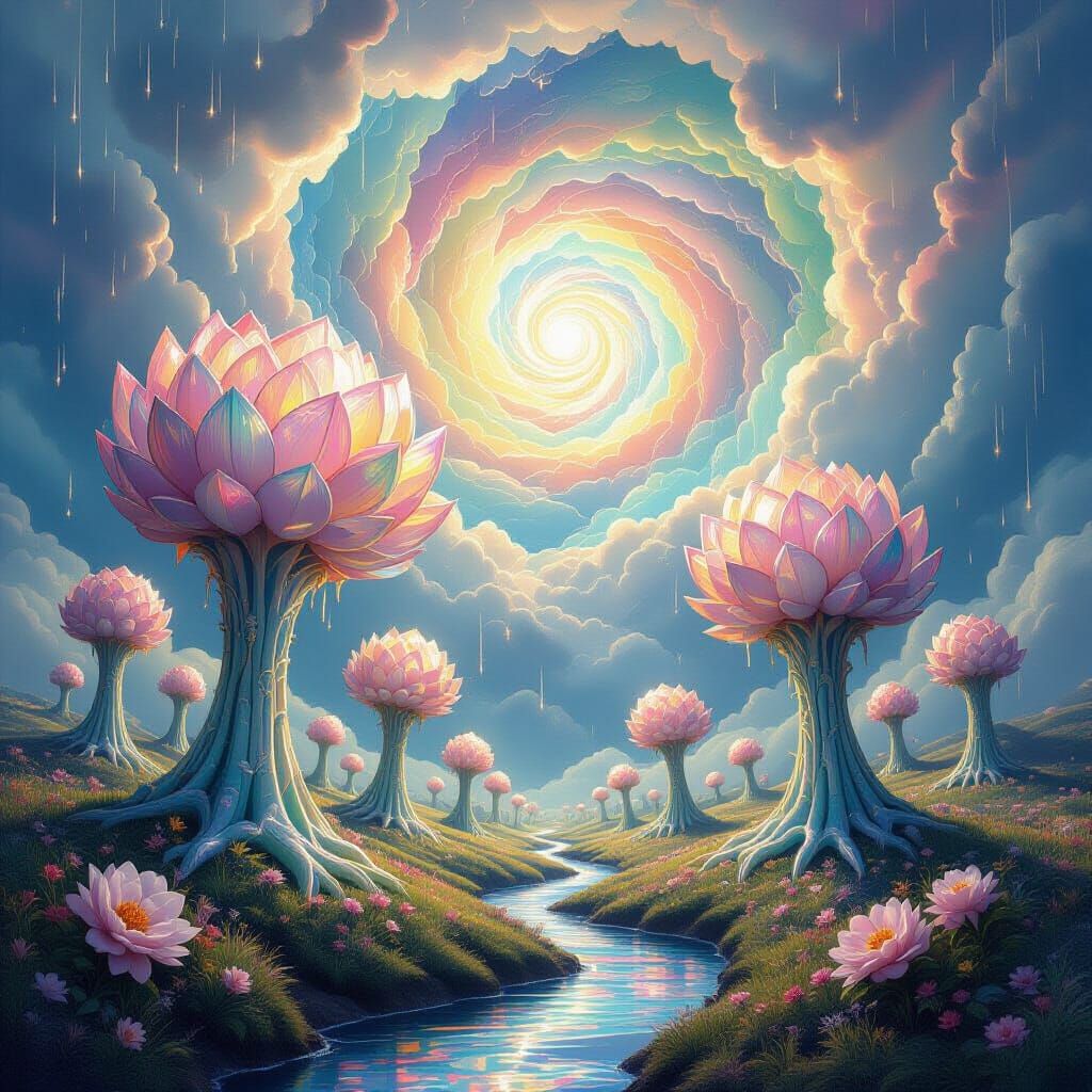 Surreal Crystalline Garden With Upward Rain