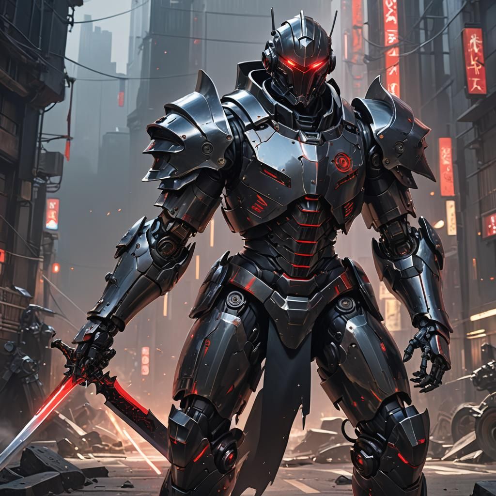 Robot Warrior in Black Armor with Neon Eyes