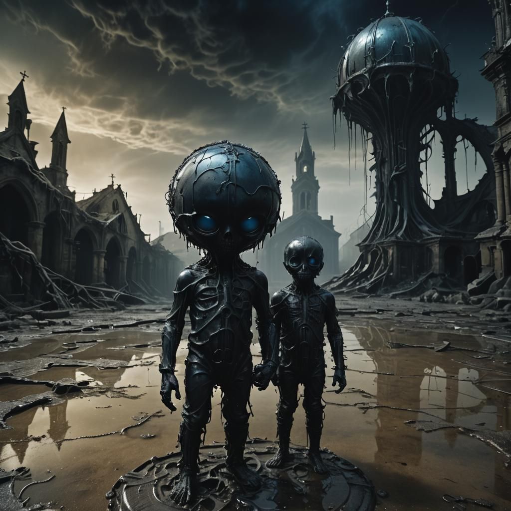 Surreal Dark Figure in Abandoned Church