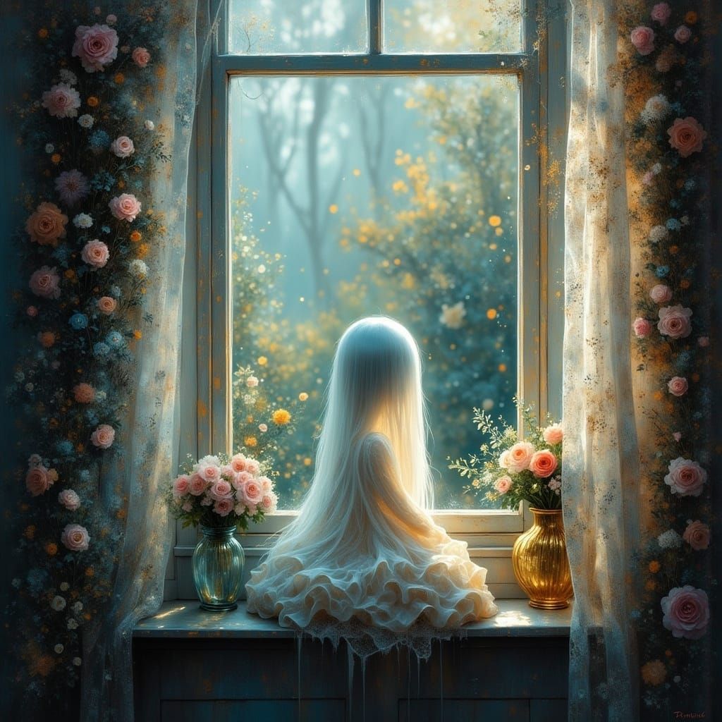 Cute Lace Ghost on Windowsill in Dreamscape Style