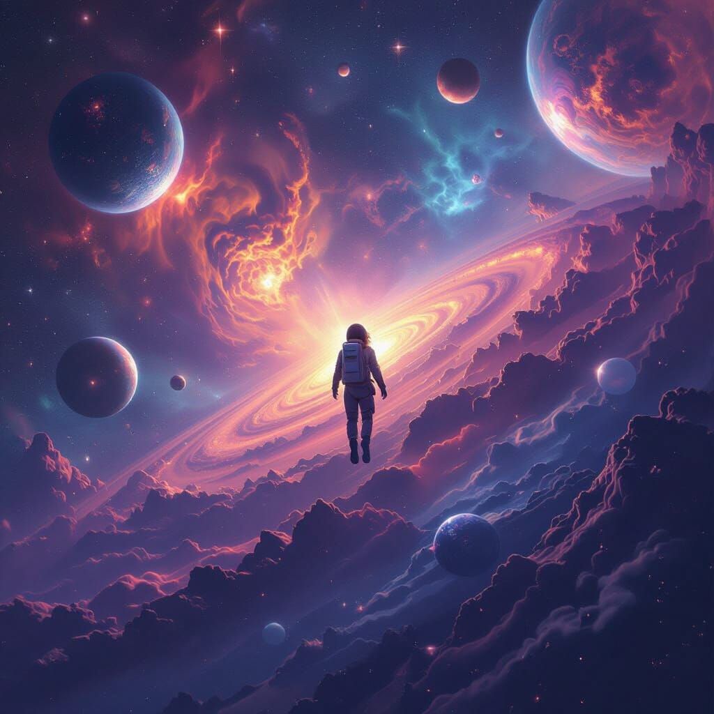 Lone Female Astronaut in Deep Space Panorama