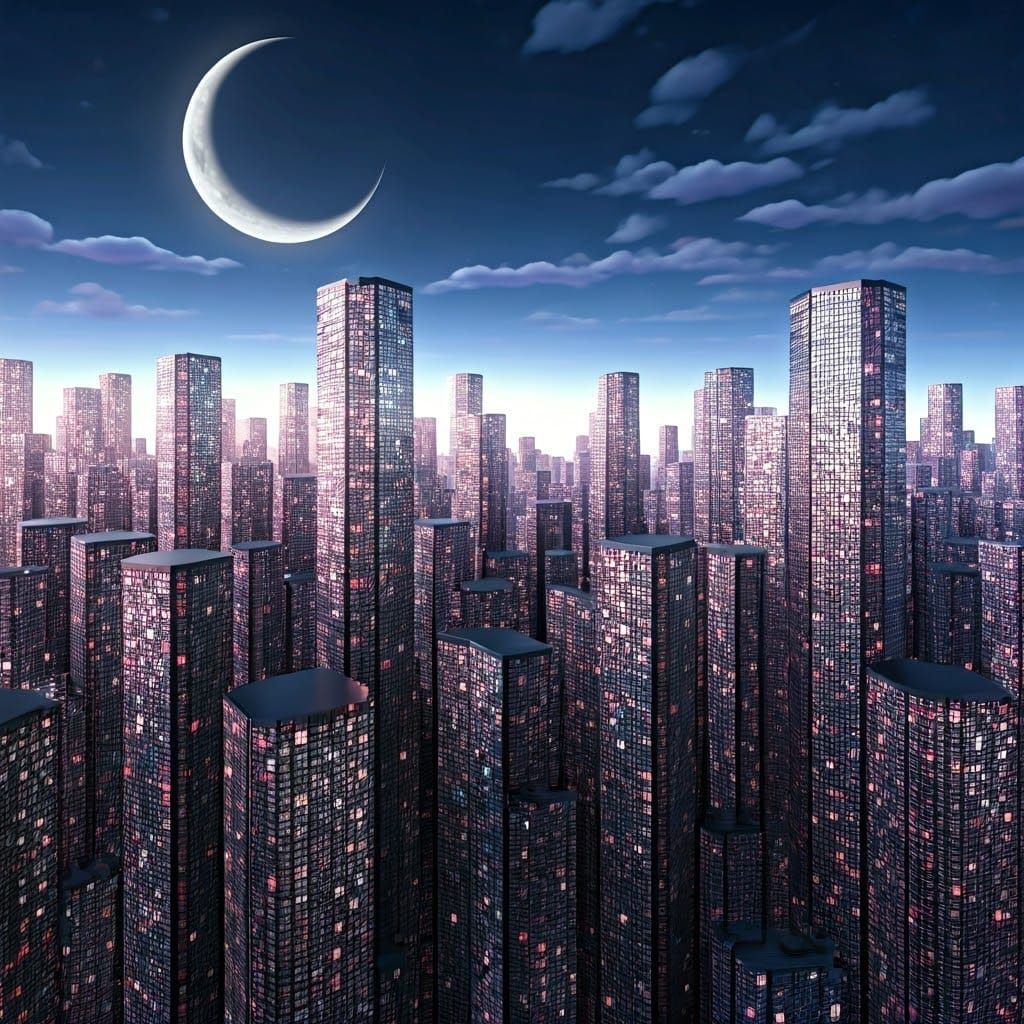 Shimmering Cityscape Under Lunar Illumination