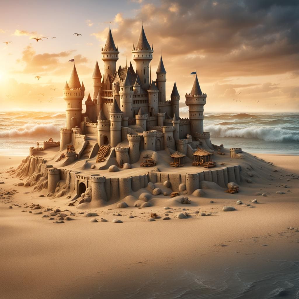 Detailed Sandcastle on Beach, Fantasy Concept Art