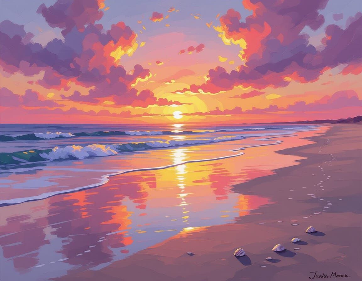 Serene Sunset Beach Scene with Impressionistic Style