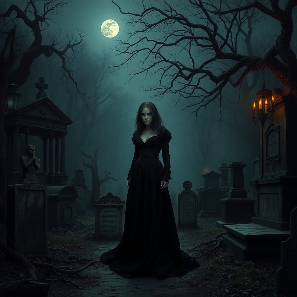 Ethereal Woman in Graveyard, Dark Surrealist Style