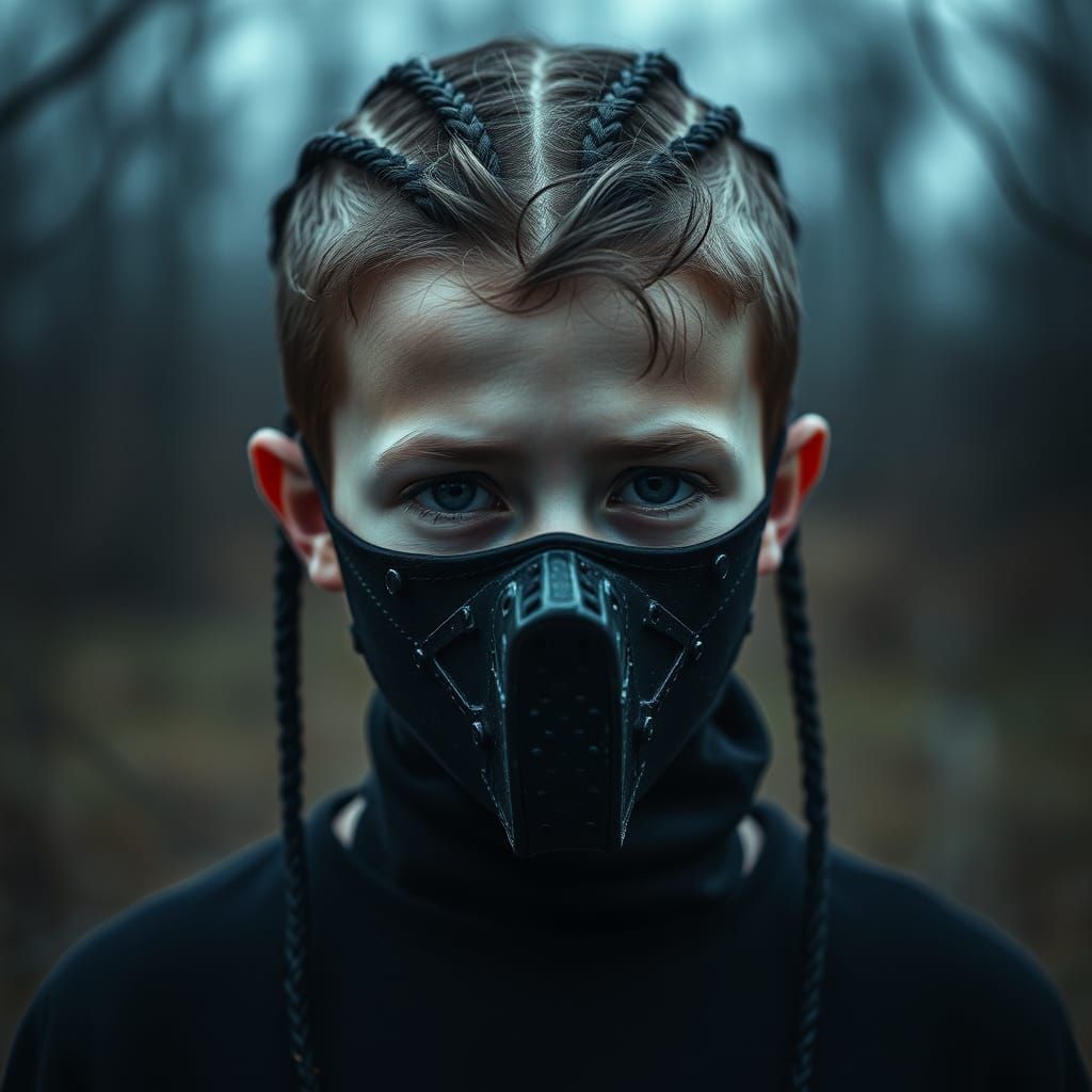 Creepy Masked Boy in Dark Industrial Setting