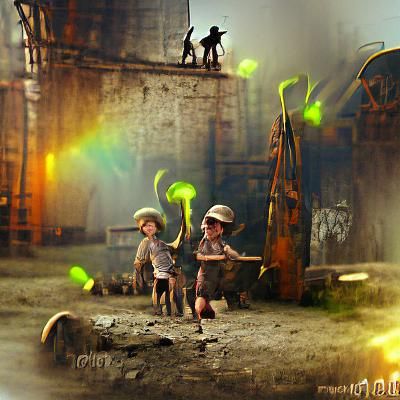 Children Playing in Post-Apocalyptic Steampunk World