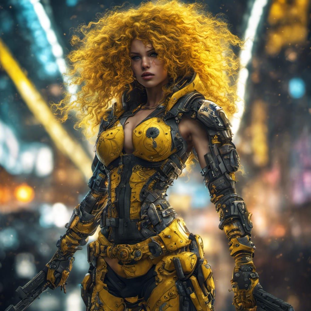 Cyberpunk Warrior Babe with Yellow Curly Hair