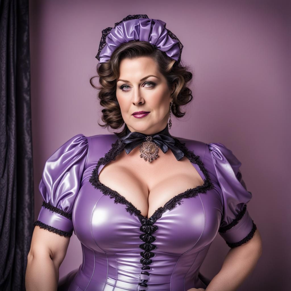 Curvy Woman in Lilac Latex Maid Outfit