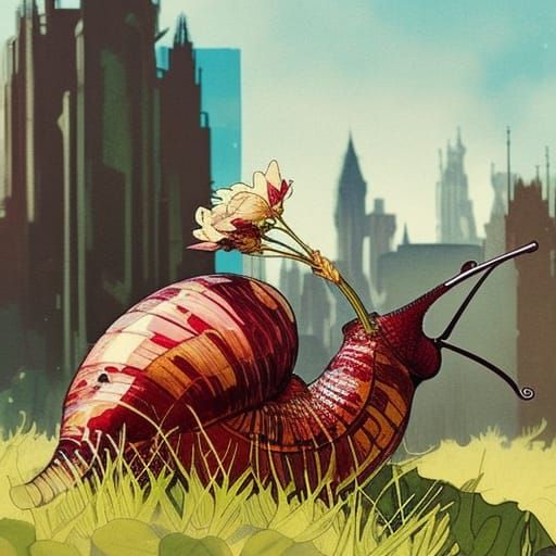 Intricate Snail with Flower in Detailed Cityscape