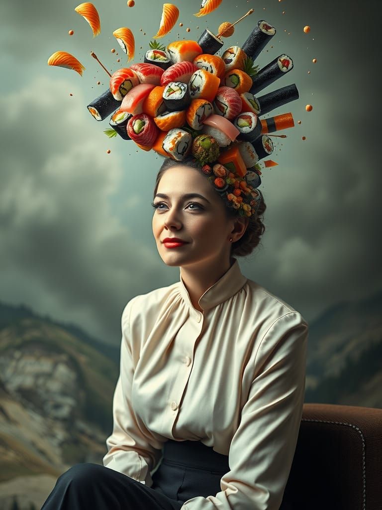 Woman's Mind Overflows with Vibrant Sushi Vortex in Dreamy L...