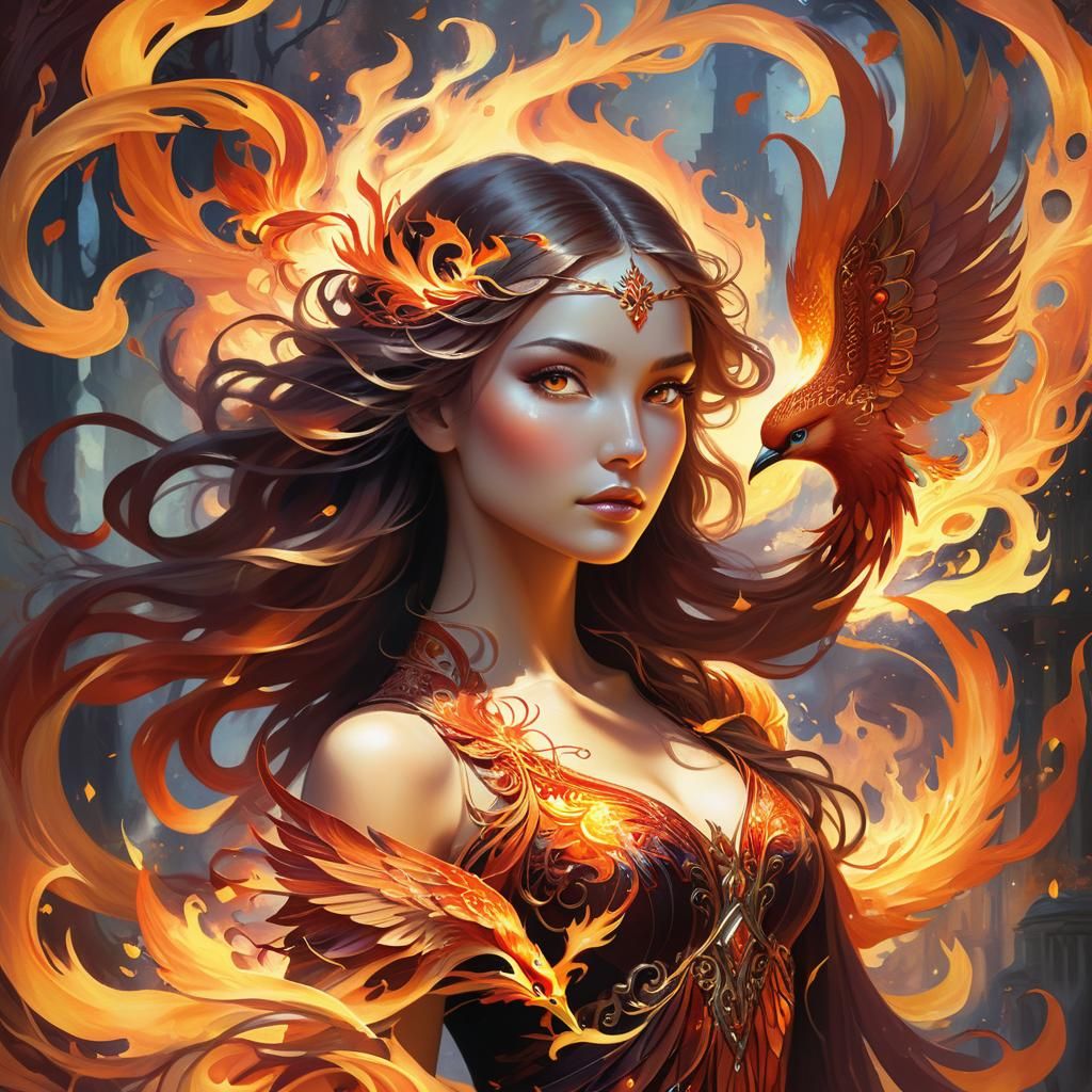 Mythical Girl with Firebird Features in Fusion Art