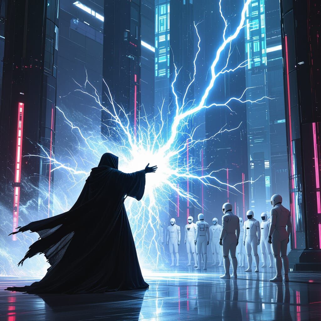 Mysterious Zealot Unleashes Lightning in Futuristic Chamber