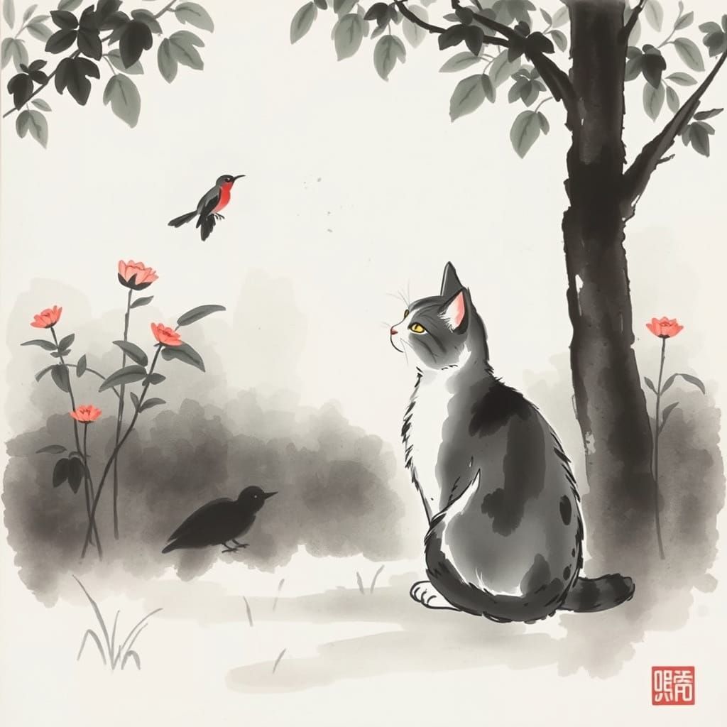Cat Watching Bird in Serene Ink Wash Garden
