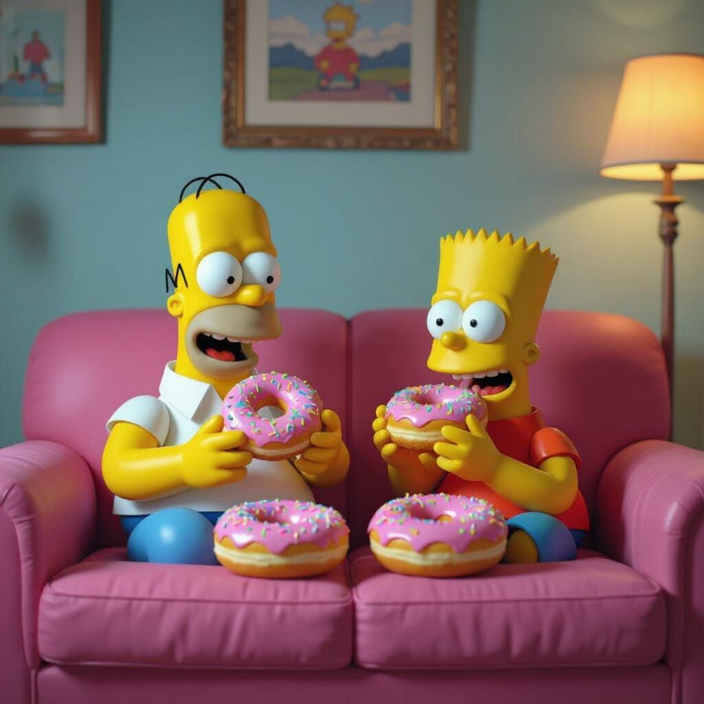 Homer and Bart Simpson Enjoying Donuts on Pink Couch