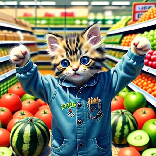 Surreal Kitten Chooses Melon in Grocery Store