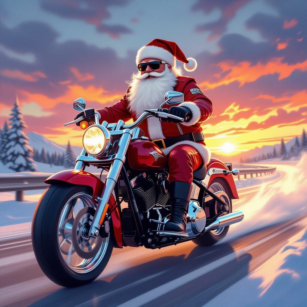 Santa Claus Rides a Chrome Motorcycle at Sunset